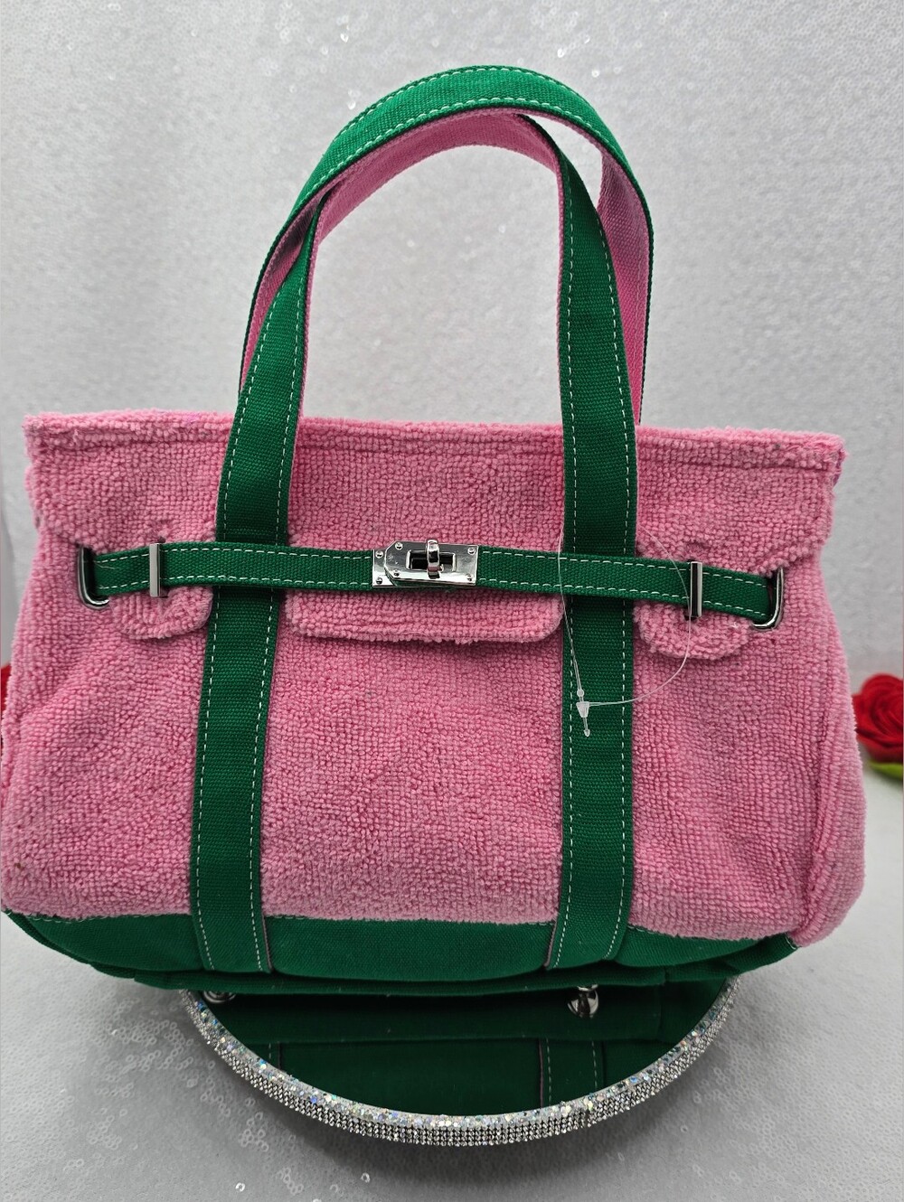 Boatkin Terry And Cotton Canvas Small Tote Sunwin Bubble Gum Pink & Parrot Green